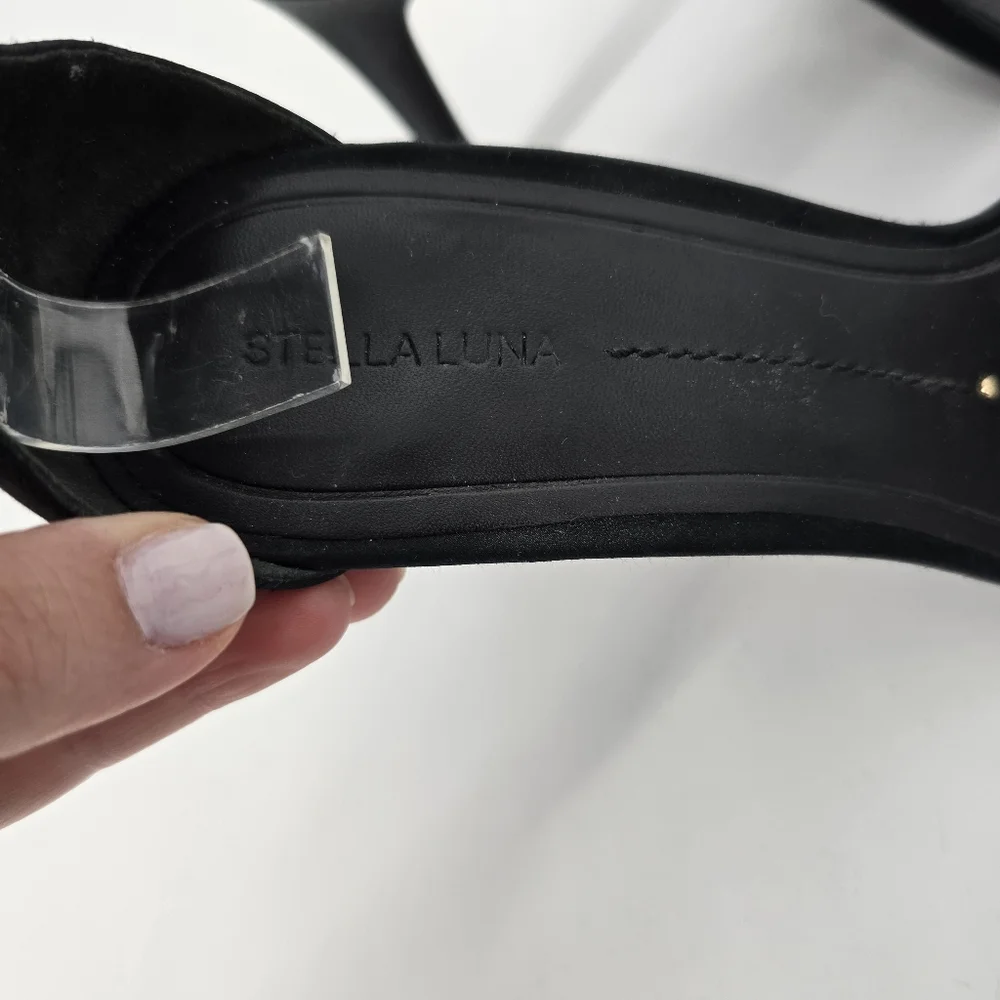 Stella Luna Black Satin Strappy Black Sandals Gold Bow Size 38